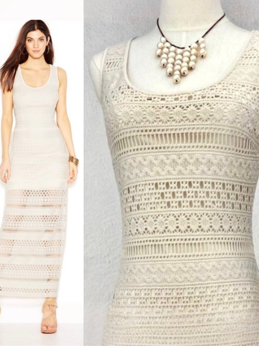 EUC Guess Gigi Hadid Line Cream Crochet Modern Boho Sleeveless Maxi Dress Size S